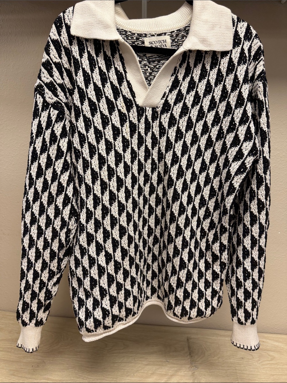 SCOTCH AND SODA JACQAURD DROP SHOULDER LONG SLEEVE POLO WHITE/BLACK - L - Picture 3 of 7